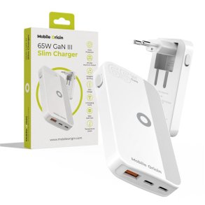 Mobile Origin 65W GaN Slim dual USB-C single USB-A, white