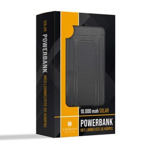 Solar Powerbank, 10.000 mah, m lommelygte & kompas 