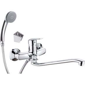 Wall-mounted washbasin mixer with extended spout - hose and shower set connection