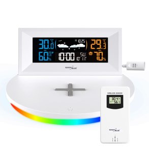 GreenBlue Wireless Weather Station with Wireless/Inductive Charger, Clock, Alarm, Calendar, Outdoor Sensor, GB213