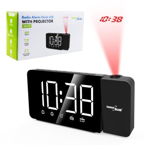 Digital LED-radiowecker med GreenBlue-projektor, FM-radio, alarm, 12/24-timers ur, str�mforsyning USB 5V DC + CR2032, GB172