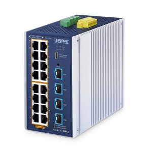 PLANET ndustrial L2+ 16-Port 10/100/1000T 802.3at PoE + 4-Port 10G SFP+ Managed Ethernet Switch Administreret L2+ Gigabit Ethernet (10/100/1000) Str�m over Ethernet (PoE) Aluminium, Bl�