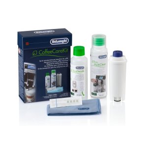 DeLonghi Coffee Care Kit, vedligeholdelsesst til kaffemaskiner med vandfilter, EcoDecalk, Eco MultiClean, mikrofiberklud, vandhrdhedstestpind.