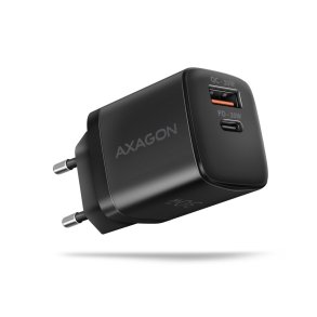 Axagon ACU-PQ30 Ladegert QC3.0, 4.0/AFC/FCP/PPS/Apple+ PD USB-C, 30W - schwarz - Kompaktes Ladegert - 1x USB-C und 1x USB-A Mobiltelefon, Smartphone, SmartWatch, Tablet, Universel Sort Vekselstrm Hurtig opladning Indendrs