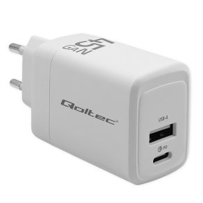 Qoltec 51825 GaN 45W oplader | 5-20V | 1.5-3A | 1 x USB-C PD | 1x USB QC 3.0 | Hvid