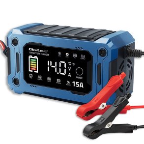 Qoltec 52496 Oplader 12V 15A | Ensretter med reparationsfunktion og opretholdelse af str�mforsyning under batteriudskiftning | til AGM GEL LiFePO4 | LCD