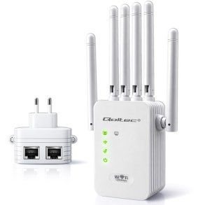 Qoltec 57068 WiFi 5 signalforst�rker | Repeater | Adgangspunkt | AC1200 | 6 antenner | 2x RJ45 | 128MB