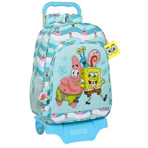 Skolerygsk med Hjul Spongebob Stay positive Bl Hvid (33 x 42 x 14 cm)