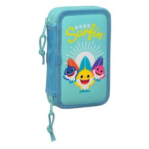 Dobbelt penalhus Baby Shark Surfing Bl Hvid 12.5 x 19.5 x 4 cm (28 Dele)