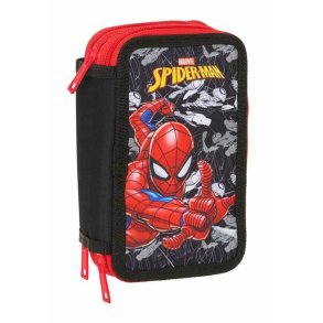 Tredobbelt Penalhus Spider-Man Sort 12,5 x 19,5 x 5,5 cm 37 Dele