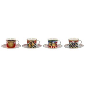 Set med kopper og underkopper Home ESPRIT Gul R�d Porcel�n 12,5 x 12,5 x 1,5 cm (4 enheder)