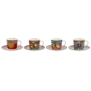 Set med kopper og underkopper Home ESPRIT Gul R�d Porcel�n 220 ml 15,6 x 15,6 x 1,7 cm (4 enheder)