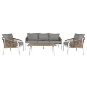 Bord med 3 l�nestole Home ESPRIT Hvid Natur Lysegr� 189 x 73 x 84 cm