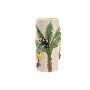 Vase Home ESPRIT Gr�n Beige Keramik Fugle Tropisk 12 x 12 x 22 cm