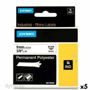 Lamineret tape til mrkningsmaskiner Rhino Dymo ID1-9 9 x 5,5 mm Sort Polyester Hvid (5 enheder)