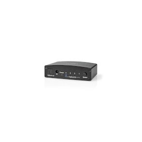 Digital Audio Switch | 4-vejs | Tilslutninger indgang: DC str�m / 4x TosLink | Tilslutninger udgang: TosLink Hun | Fjernbetjening / Manual / Trykknap | Metal | Sort