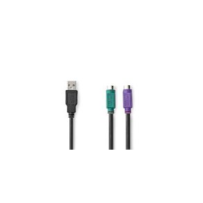 2 i 1 kabel | USB 2.0 | USB-A Han | 2x PS/2 Hun | 480 Mbps | 0.30 m | Nikkelplateret | Runde | PVC | Sort | Box