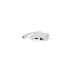 USB Multi-Port Adapter | 3-in-1 | USB 3.2 Gen 1 | USB-C Han | HDMI  -udgang / USB-A Hun / USB-C Hun | 5 Gbps | 0.10 m | Runde | Nikkelplateret | PVC | Hvid | Box