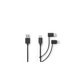 3 i 1 kabel | USB 2.0 | USB-A Han | Apple Lightning 8-pin / USB Micro-B han / USB-C Han | 480 Mbps | 1.00 m | Nikkelplateret | Runde | PVC | Sort | Label