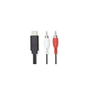 USB-C Adapter | USB 3.2 Gen 1 | USB-C Han | 2x RCA Hanstik | 1.00 m | Runde | Nikkelplateret | PVC | Sort | Label
