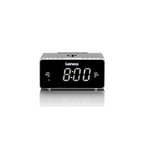 Stereo FM Clock Radio med USB og tr�dl�s Qi-opladning af smartphone S�lv