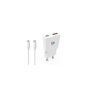 V�goplader | 30 W | GaN | PD3.0 30W | Hurtigopladningsfunktion | 1.5 / 2.0 / 2.5 / 3.0 A | Antal output: 2 | USB-A / USB-C | USB-C (L�s) kabel | 1.50 m | Automatisk Valgt Sp�nding | Hvid